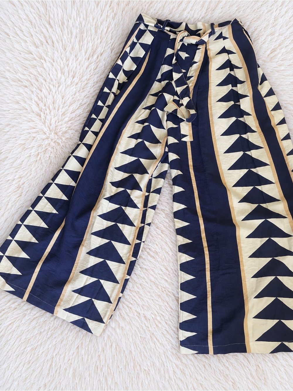 like an angel Navy, Cream & Gold Geometric Wide-Leg Pants